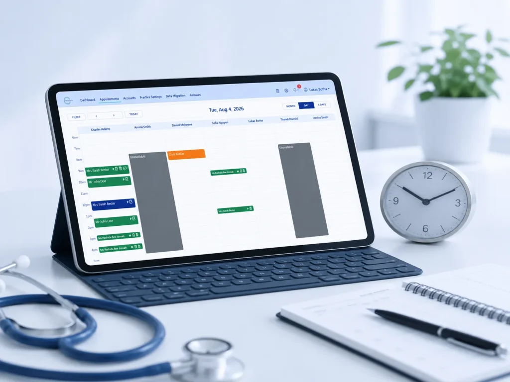 Appointment scheduling diary showing multiple practitioners' colour-coded appointments