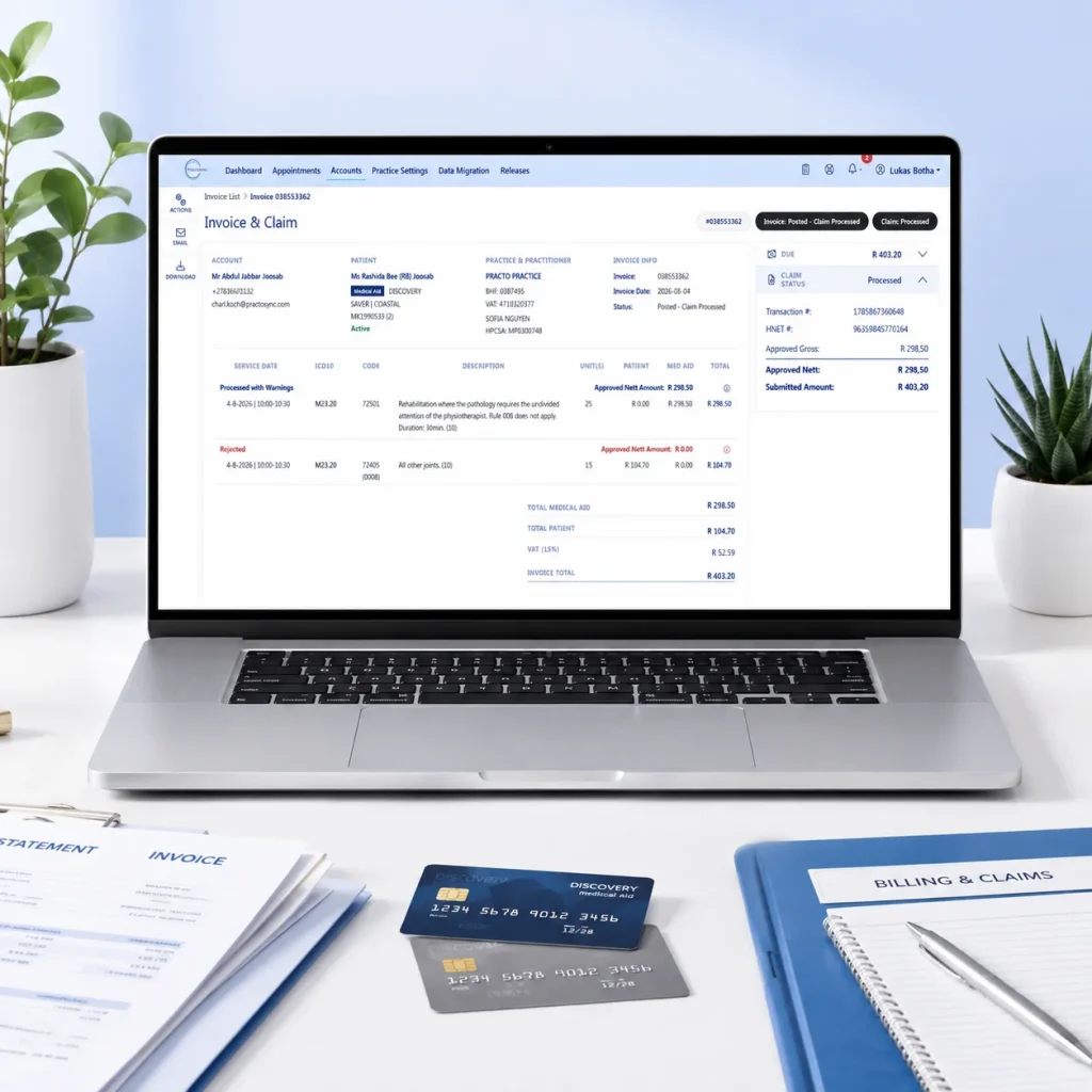 PractoSync invoice and claim screen on a laptop showing claim status with medical aid and patient portions, next to medical aid cards and a Billing and Claims folder