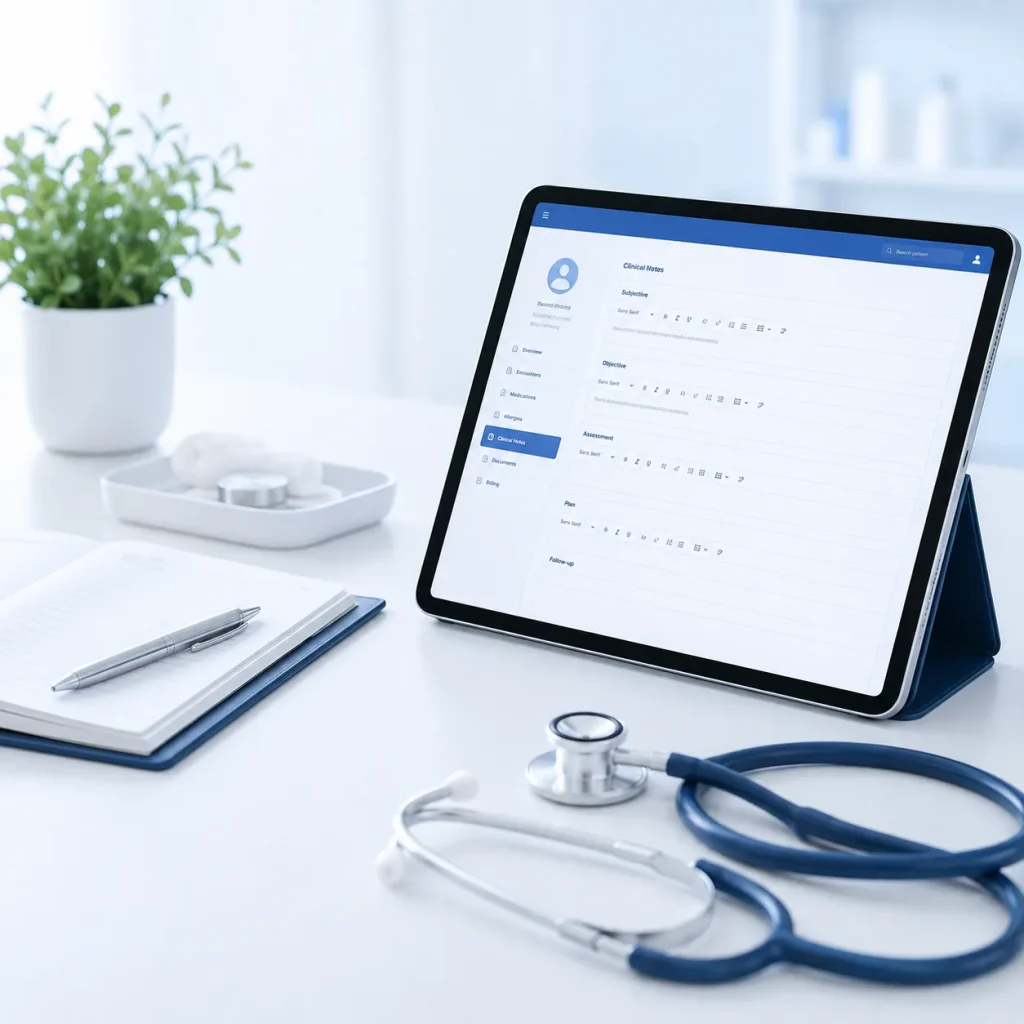 Clinical notes capture screen on a tablet with SOAP note sections