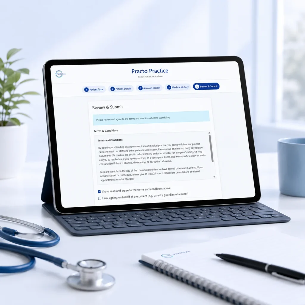 PractoSync intake form review and submit step on a tablet, showing the terms and conditions agreement