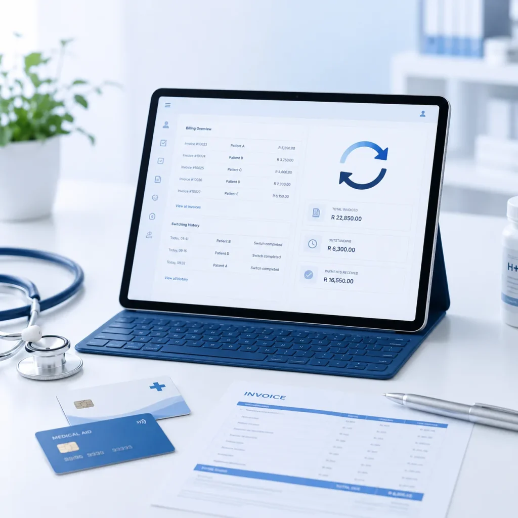Medical billing dashboard with invoices and medical aid switching