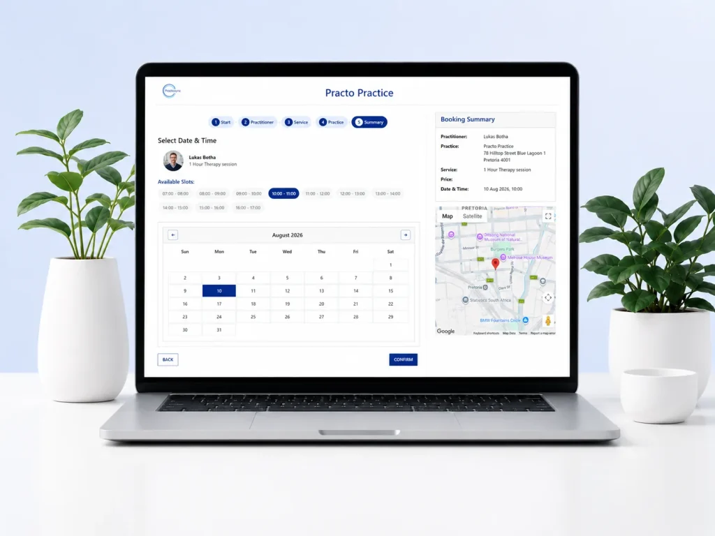PractoSync online booking screen on a laptop - patient selecting a practitioner, date and time slot with the practice location shown on a map