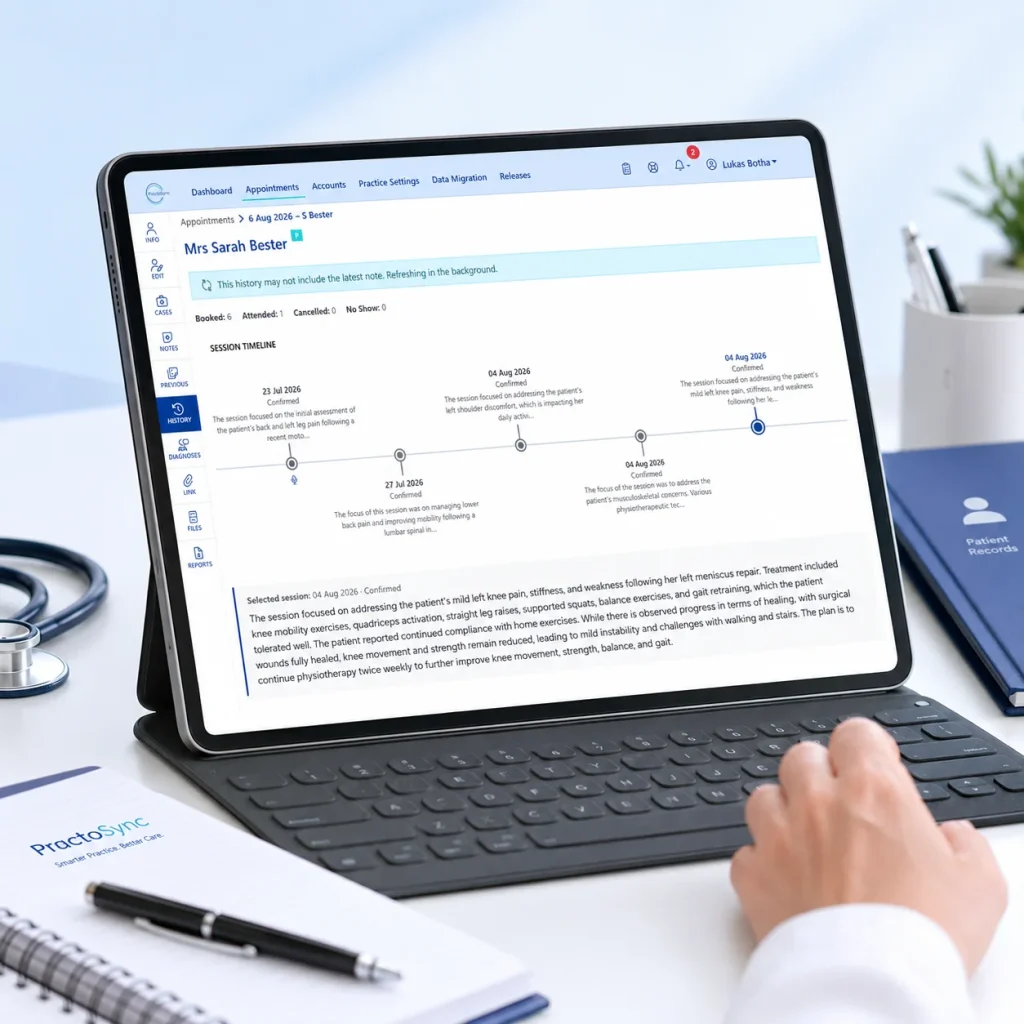 PractoSync Patient History timeline on a tablet showing visit-by-visit summaries and an AI-generated session overview