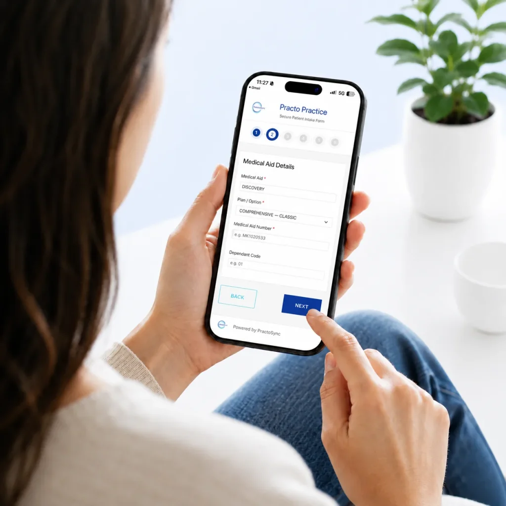 Patient entering her medical aid details on the PractoSync online intake form on her phone