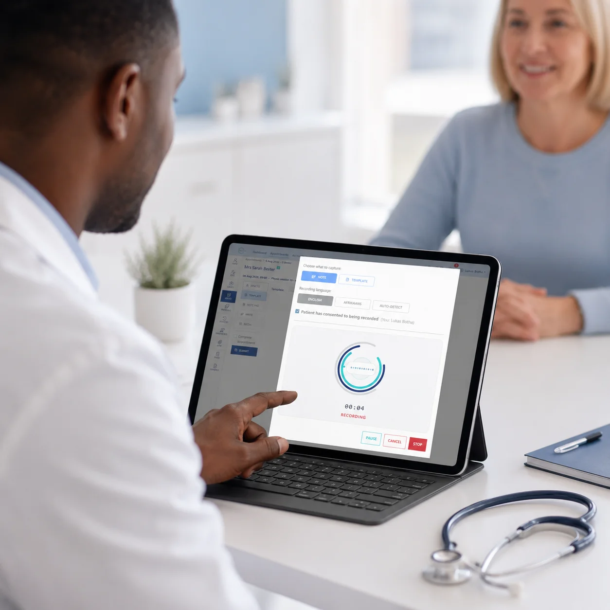 Practitioner recording a consultation with SyncTo, the AI documentation assistant, on a tablet